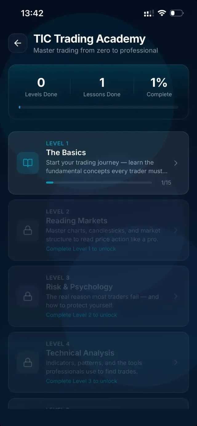 TIC Trading Academy levels and lessons