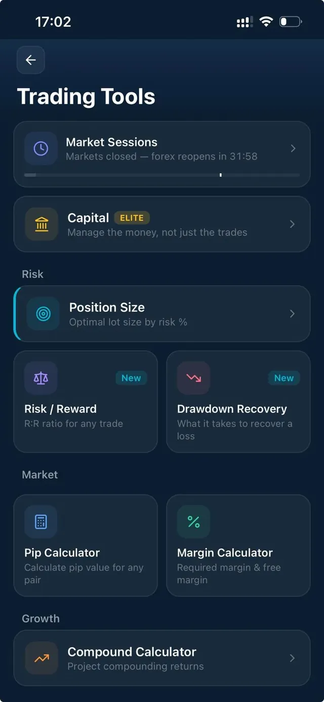 Trading Tools in the TIC app — position size, risk/reward and margin calculators